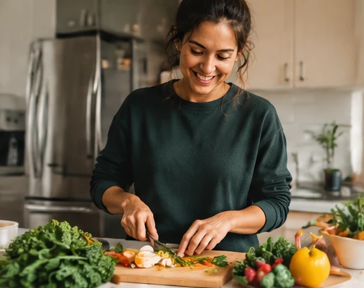 A woman preparing vegetables in her everyday kitchen